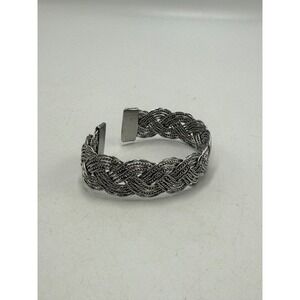 Silver Tone Woven Braided Wire Cuff Bracelet Wide Metallic Open Bangle